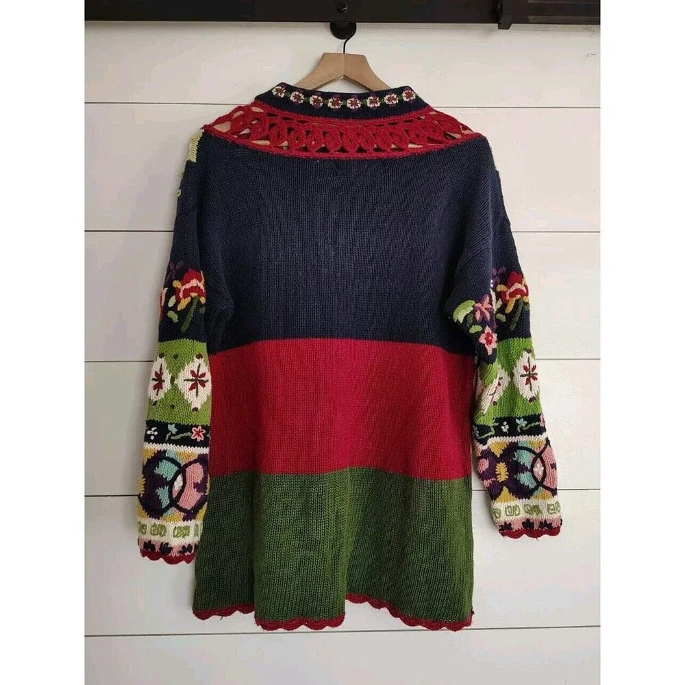 Vtg Boho LARGE Folk Art Knit Sweater Floral Cottage Crochet Trim Artsy Scandi - Picture 4 of 8